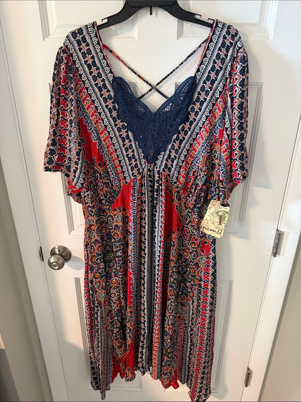NWT One World Boho Paisley Print Maxi Dress Lace Neckline Strappy Back Size 3X